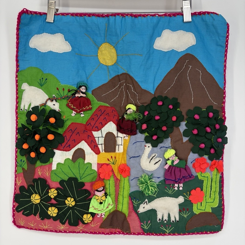 Vtg Folk‎ Art 3D Textile Tapestry Peruvian Arpillera Handmade 19.5"x20" Colorful